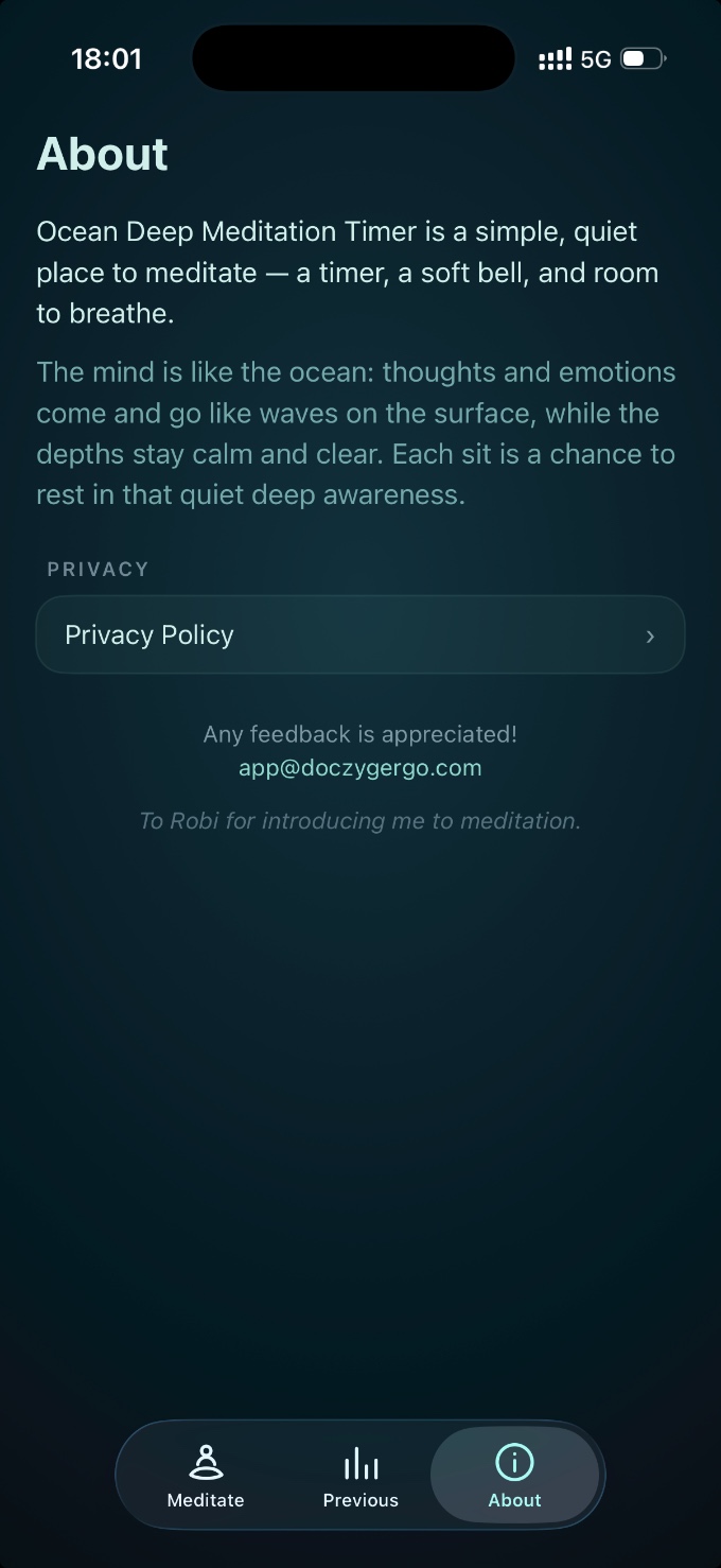 The app's About screen — a short hello, the ocean behind the name, and the privacy policy