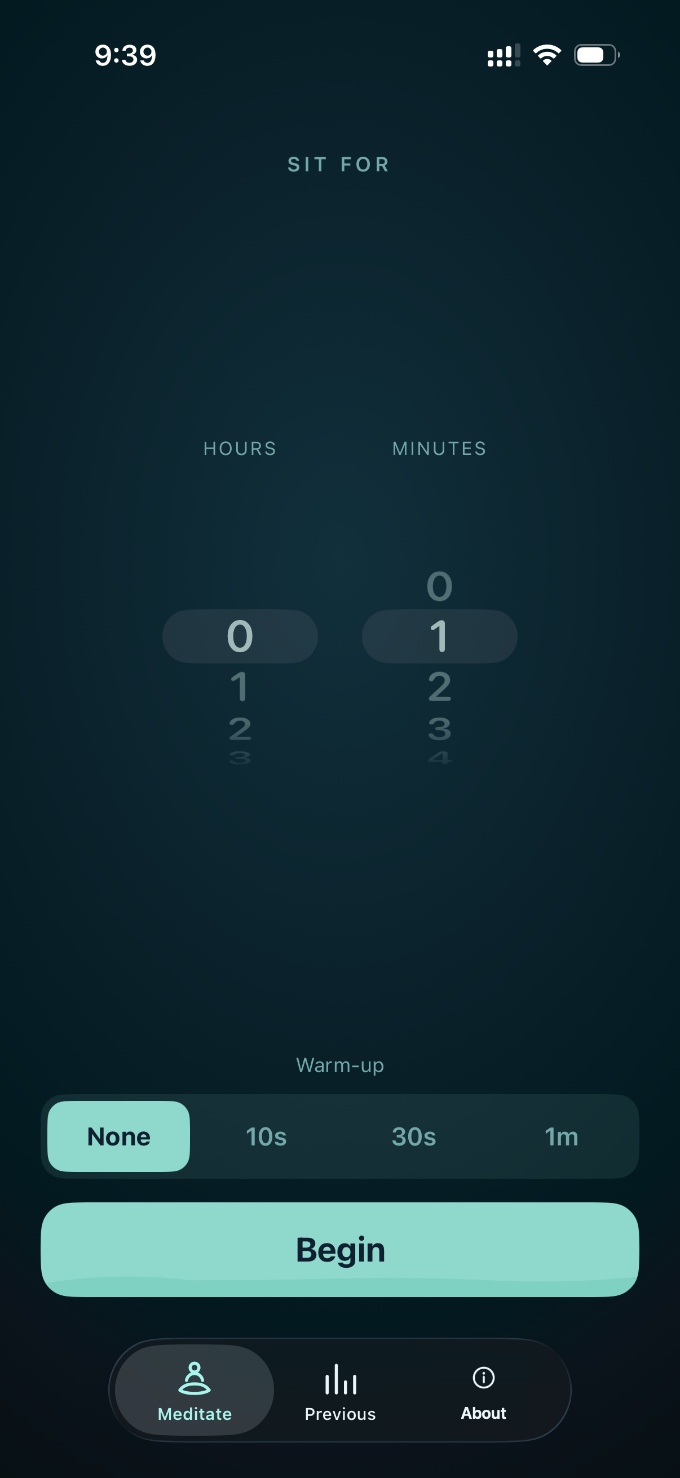 Ocean Deep timer screen — Sit for, hours and minutes, and a Begin button