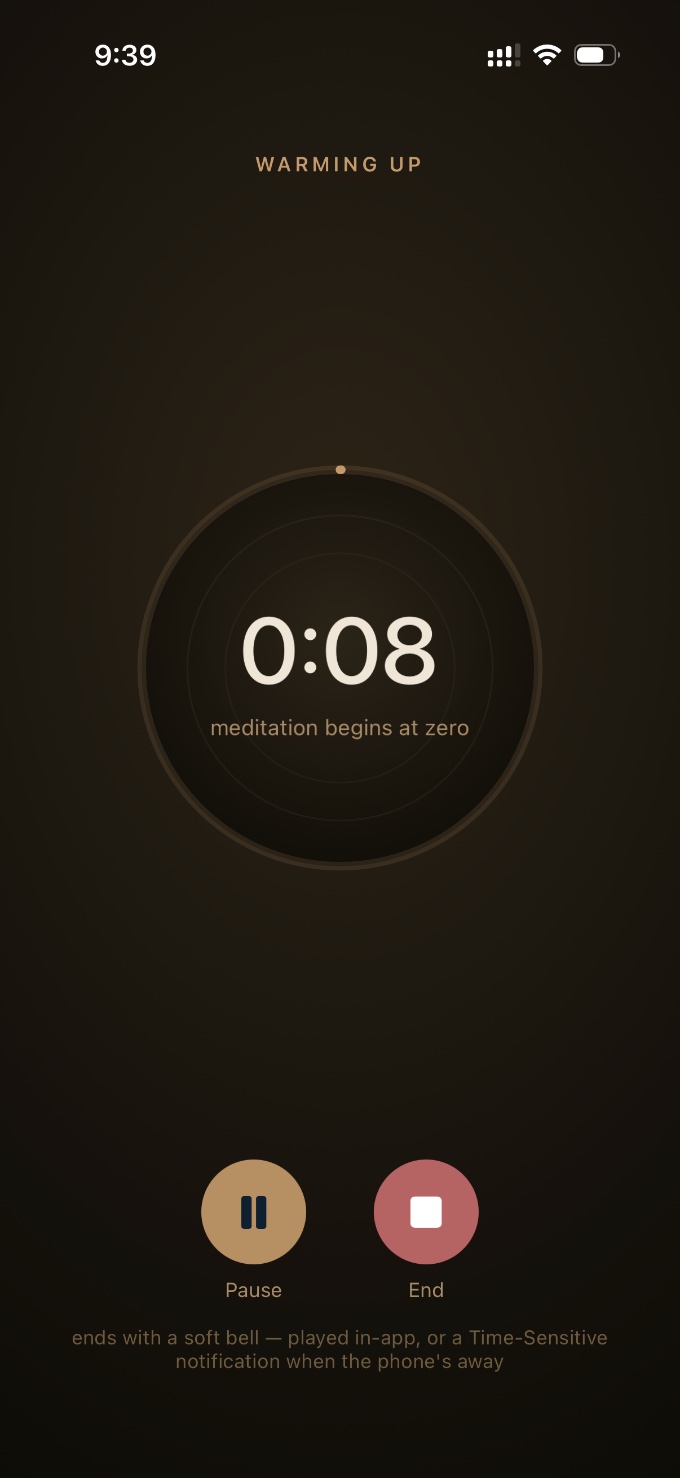 A warm-up counting down in warm amber before the meditation begins